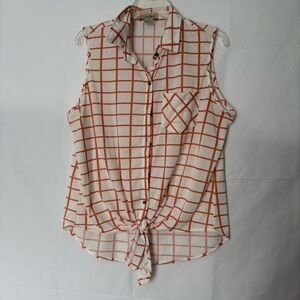 Women's Sleeveless Orange Grid Button Down Shirt